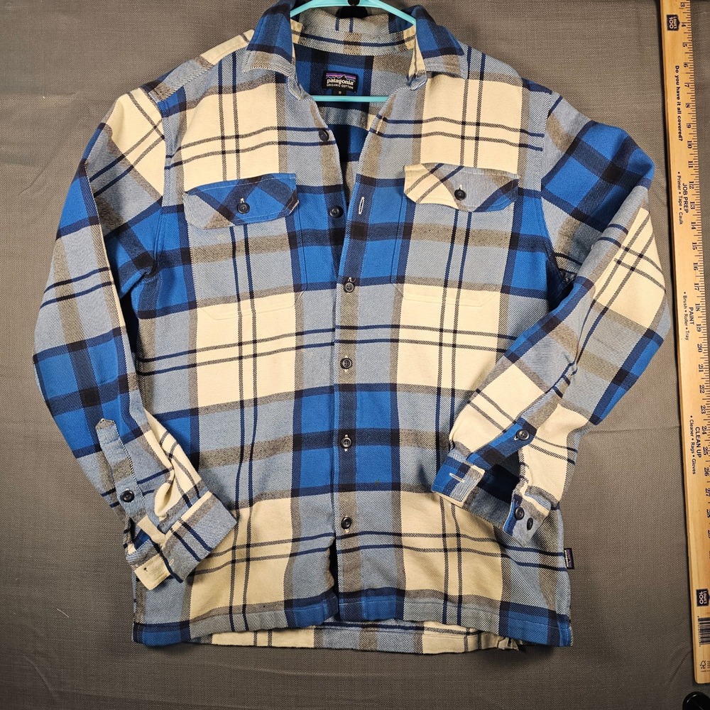 Patagonia Mens Fjord Flannel Shirt Blue Cream Plaid Organic Cotton M 53947 FA16